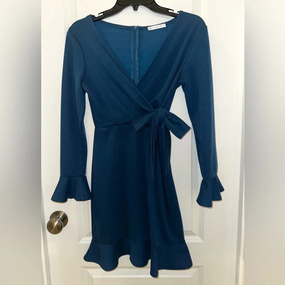 R.Vivimos Dark Teal Blue Winter Long Sleeve Sweater Dress Sz S 4/6